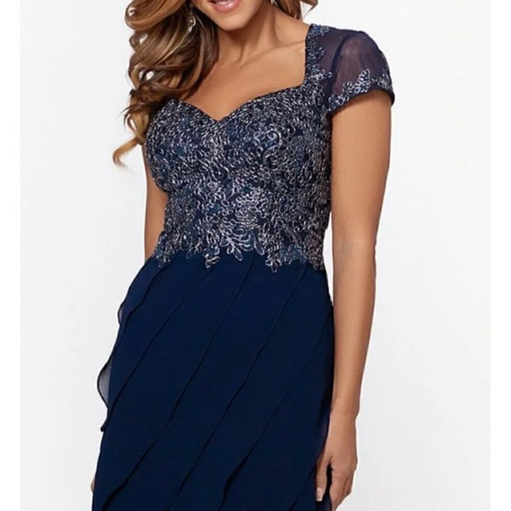 Xscape Embroidered Cap Sleeve Sweetheart Neckline Tiered Gown in Navy/Silver - Picture 3 of 14
